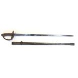 Cavalry Sword with double fullered single edged 87cm long blade marked with Crown and GC.