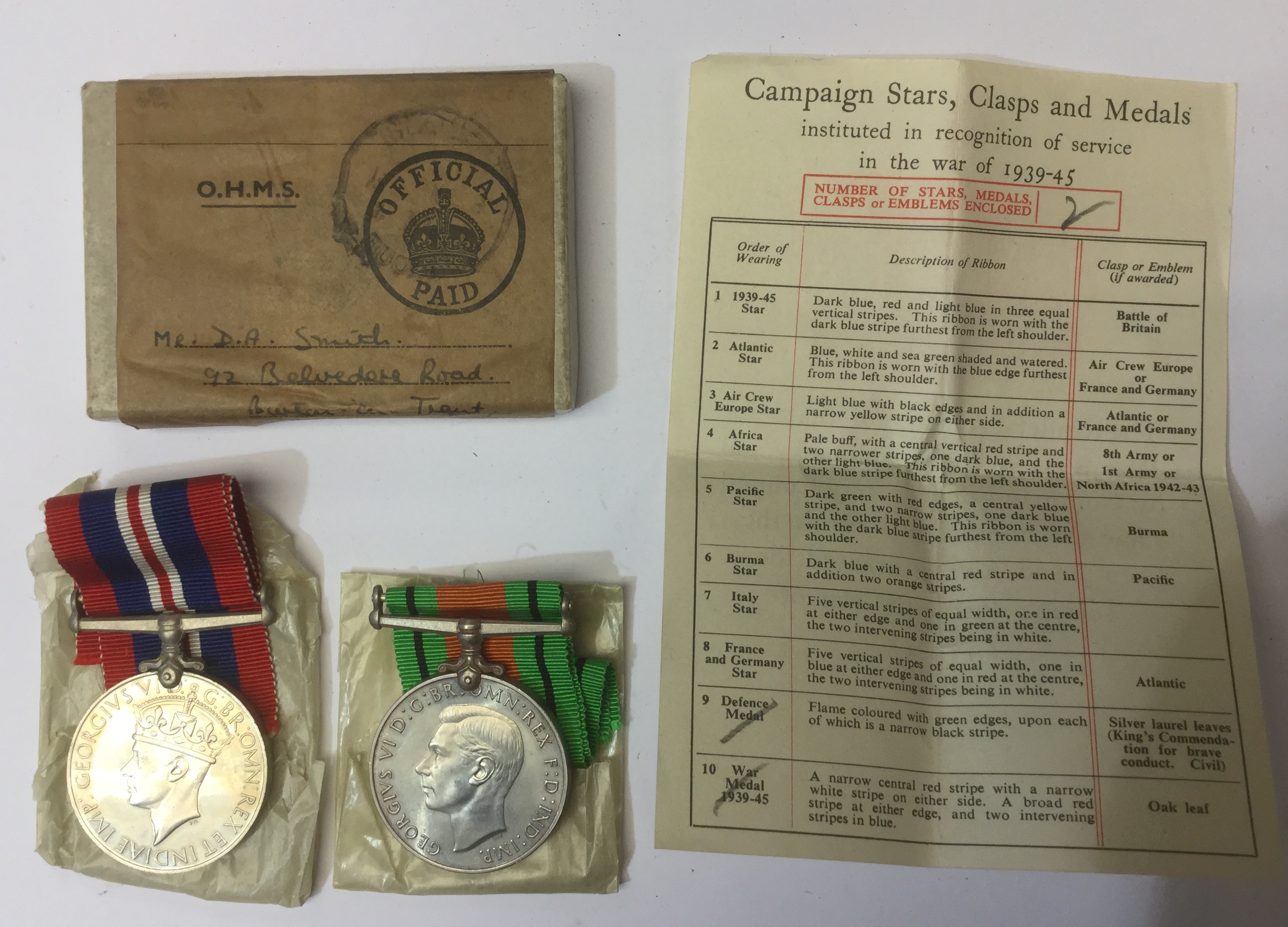 British World War II Atlantic Star Medal Ribbon 6" Original Govt Issue