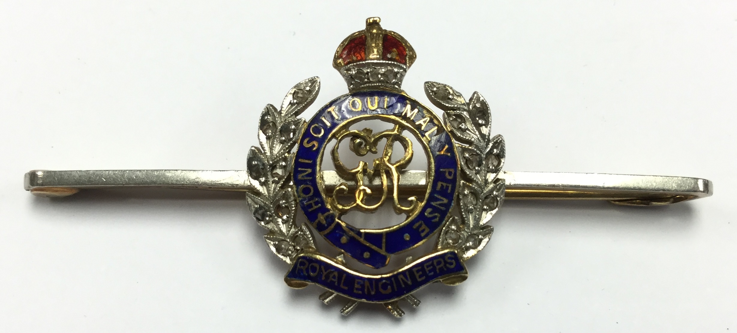 WW2 British Royal Engineers Sweetheart Brooch in 9ct Gold with Platinum and coloured enamels.