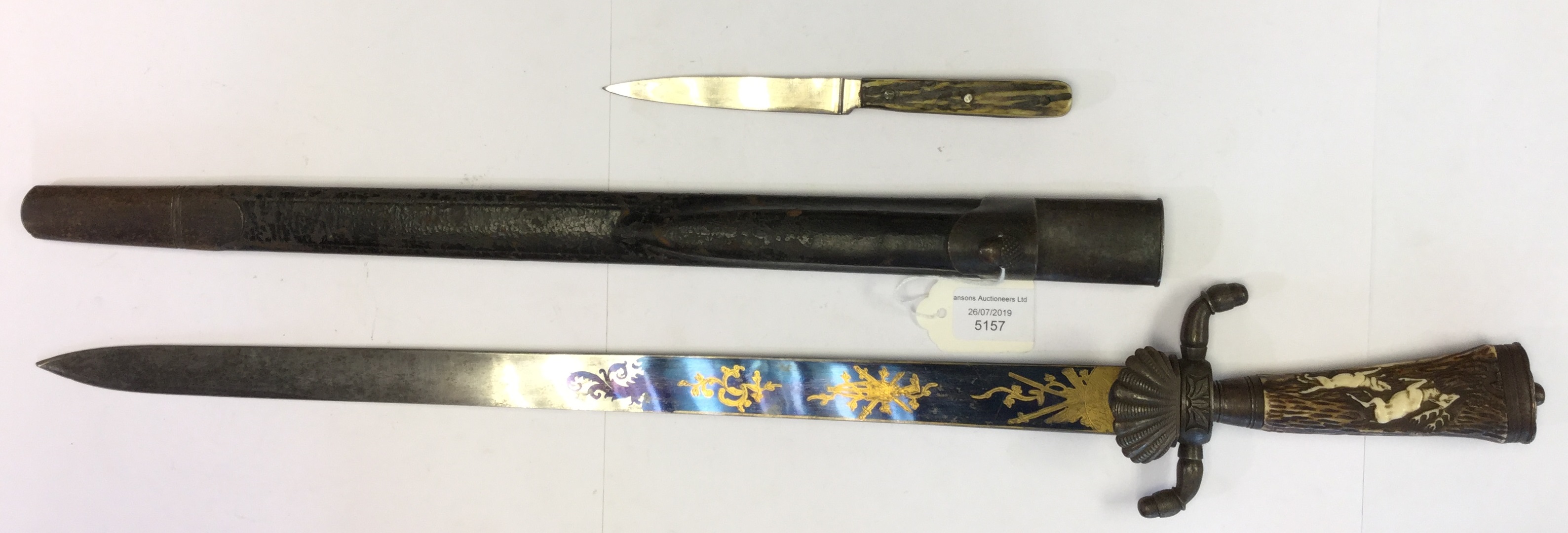 19th Century German Hunting Sword with blued and gilded panel to both sides of the 46cm long blade