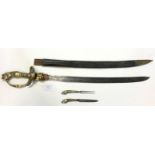 Hunting Cutlass with 51cm curved blade with engraved decoration of a figure and three crosses.