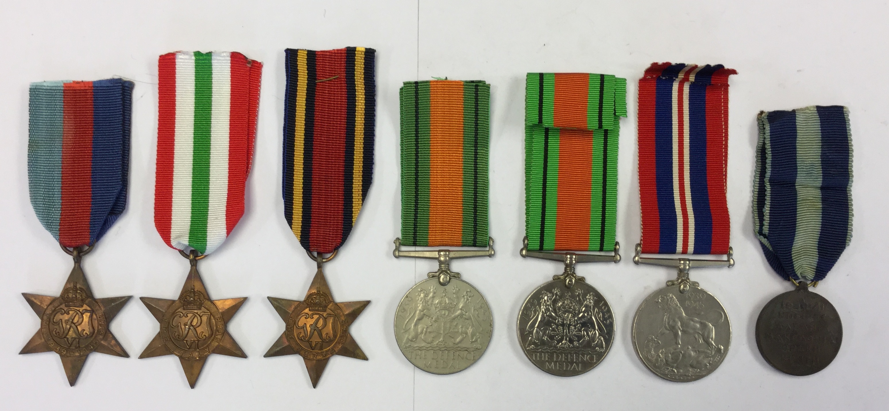 WW2 British Medals: 1939-45 Star, Italy Star, Burma Star, Defence medals x 2, War Medal,