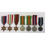 WW2 British Medals: 1939-45 Star, Italy Star, Burma Star, Defence medals x 2, War Medal,