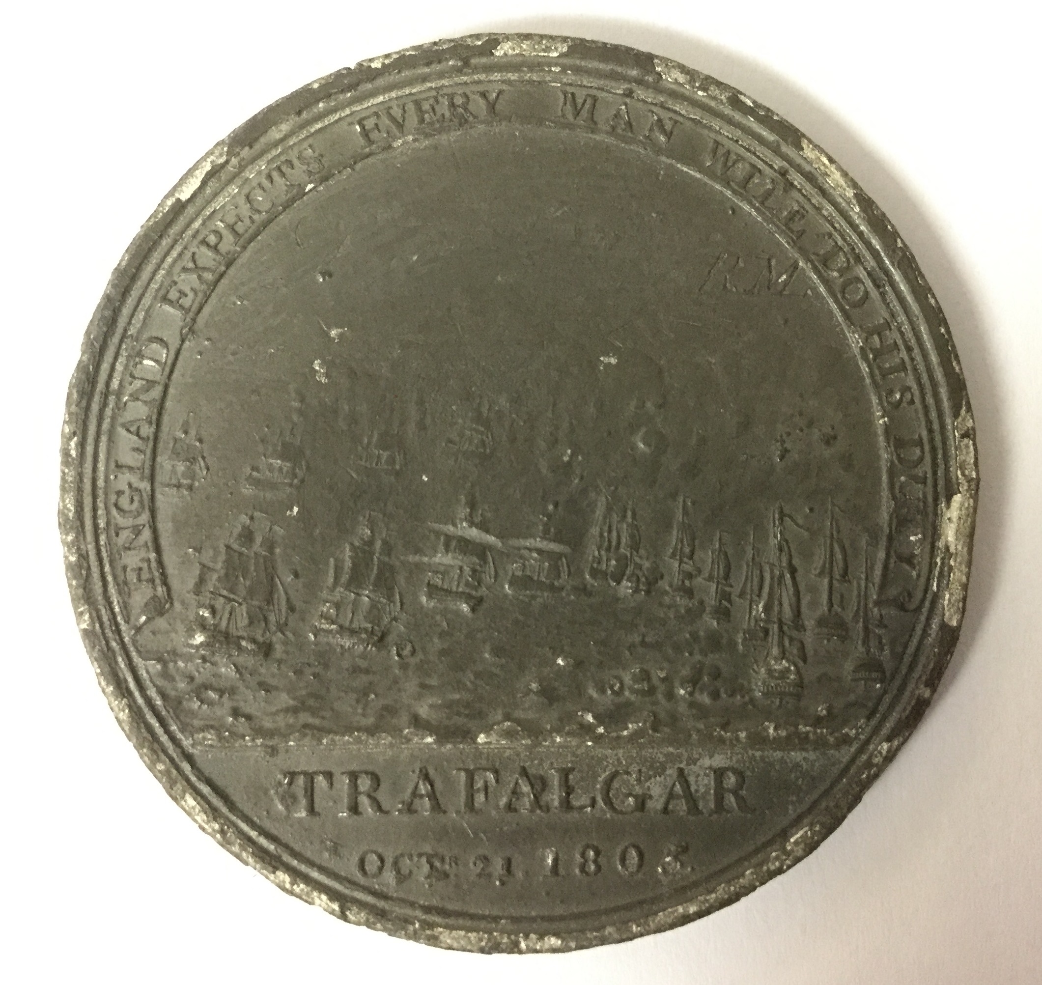 Boulton's Trafalgar Medal in white metal (Pewter). Has engraved initials to reverse "RM". - Image 3 of 4
