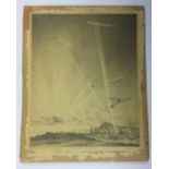 WW1 drawing of German Zeppelin airships being intercepted by British Searchlights and Fighters