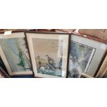 Two Bryan Conway original watercolours along with three Anthony Waller lithographic prints, framed