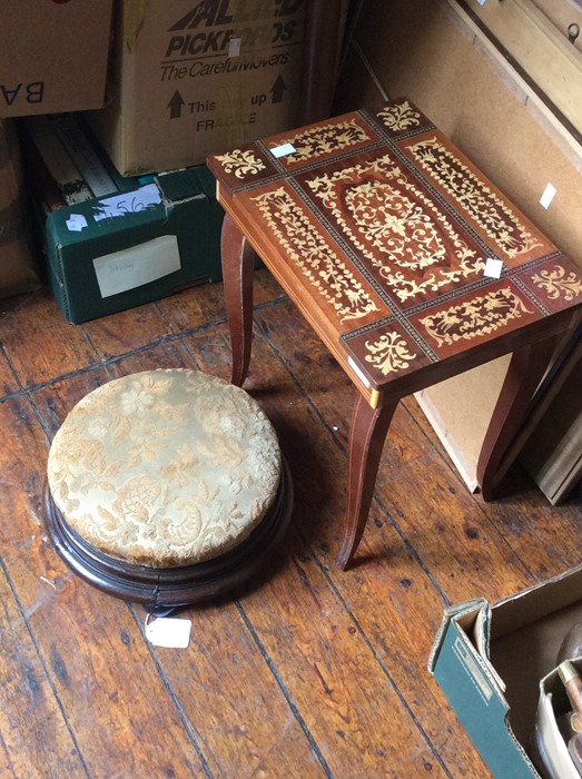 a Victorian mahogany circular footstool on bun feet; a 20th Century Sorrento Ware Italian small