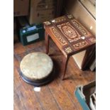 a Victorian mahogany circular footstool on bun feet; a 20th Century Sorrento Ware Italian small