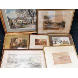 Seven watercolours to include Keats, HW(?), Rocky coastal scene c. 1908, a watercolour of