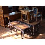 A collection of assorted furniture, comprising oak gateleg table, a nest of three tables, plus two