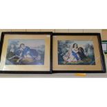 A pair of Victorian painted prints, depicting a young boy with hoop resting on a Newfoundland dog,