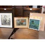 Two Dorothy Littlewood paintings unframed; other prints (5)