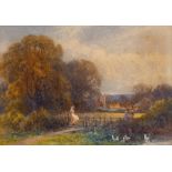 A pair of framed Frank Gresley (British, 1855-1936), cottage scenes with figures in a hayfield and