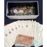 A Box of Coins and World Banknotes and Horsehay Company Ltd Share Raceipts.