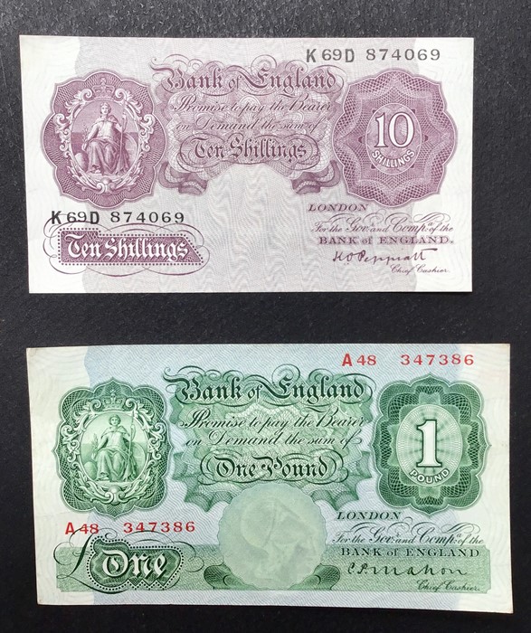 One Pound Mahon Banknote Serial No’ A48 347386, Ten Shilling Peppiatt Banknote Mauve Serial No’ K69D