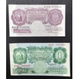 One Pound Mahon Banknote Serial No’ A48 347386, Ten Shilling Peppiatt Banknote Mauve Serial No’ K69D