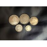 Shilling 1887, 1896, Sixpence 1887, Threepence 1887, Maundy Twopence 1838. (5)