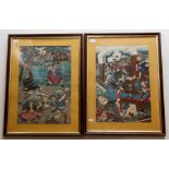 Collection of five Japanese ukiyo-e colour woodblock prints depicting samurai in battle, framed &