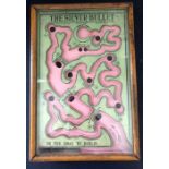 A WWI silver bullet dexterity puzzler, circa 1916, maker R. Farmer and Son, framed as a stylized map