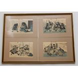 Collection of six Japanese ukiyo-e colour woodblock prints depicting samurai, mostly framed,