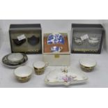 Royal Crown Derby miniature cup and two bowls, 1128 pattern, Posie pattern pin tray,