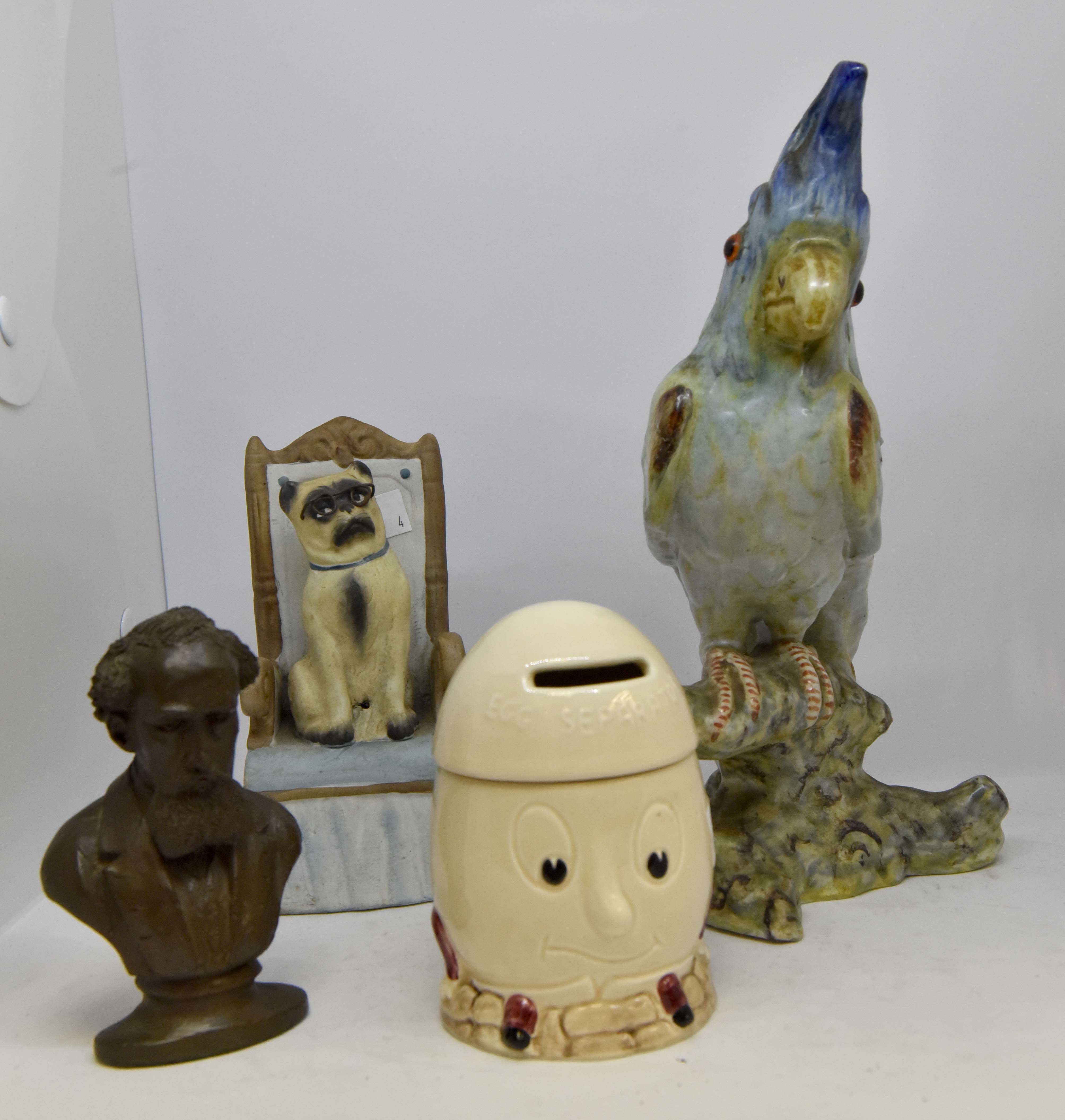 Assorted ceramic pieces including; Sylvac egg separator pot, Charles Dickens bust model,