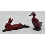 Royal Doulton Flambe model of a duck and small lying hare