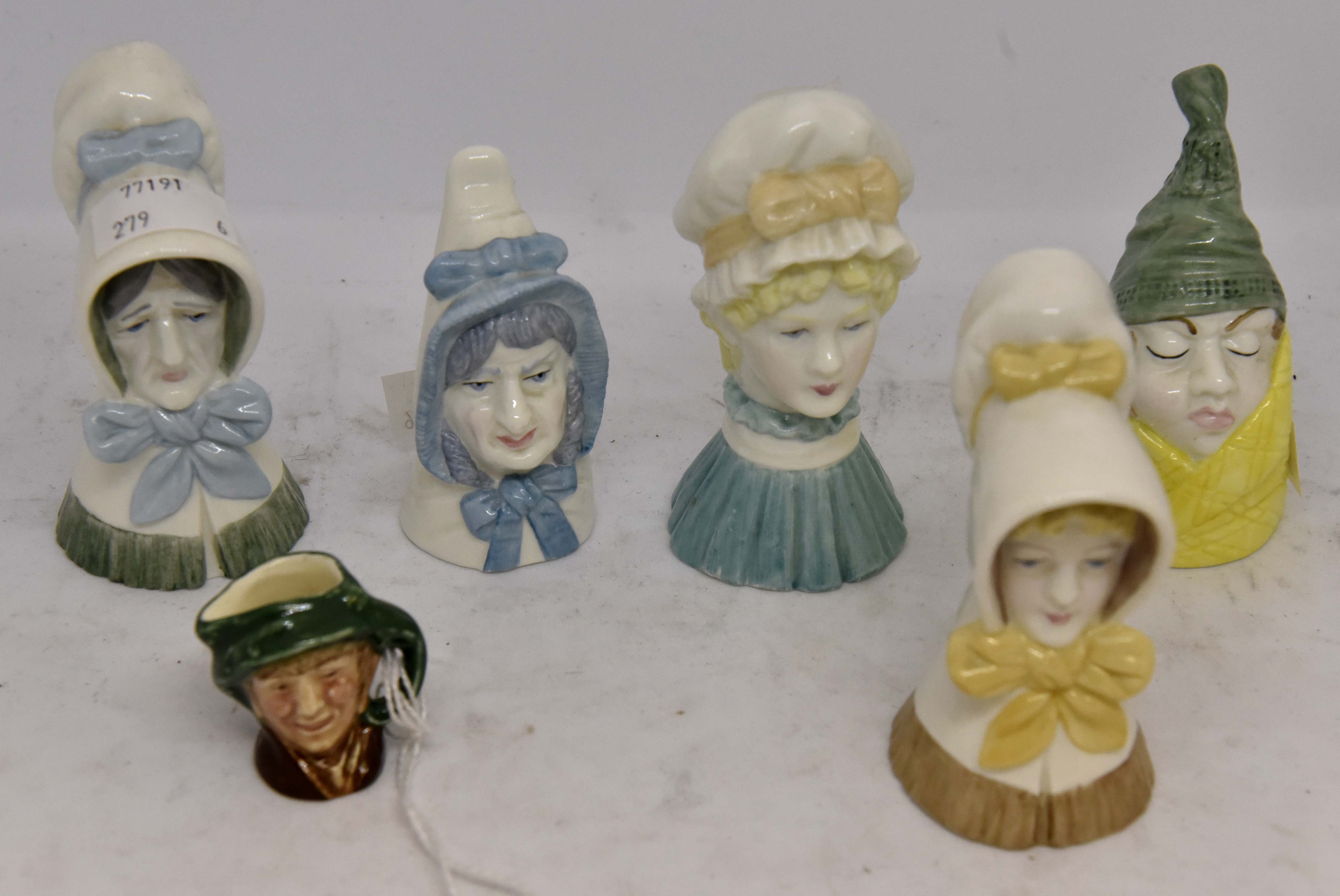 Five Royal Worcester ceramic candle snuffers, including Mr Caudle, Mrs Caudle, MOB Cap, Young Girl,