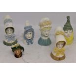 Five Royal Worcester ceramic candle snuffers, including Mr Caudle, Mrs Caudle, MOB Cap, Young Girl,