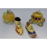 Coalport Fairy Tale Collectables; Carriage, Pumpkin, plus Coalport shoes, Aladdin,