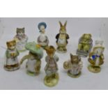 Nine Beswick Beatrix Potter statues including; Ginger and Ribby Chip to base of Mrs Tittlemouse.