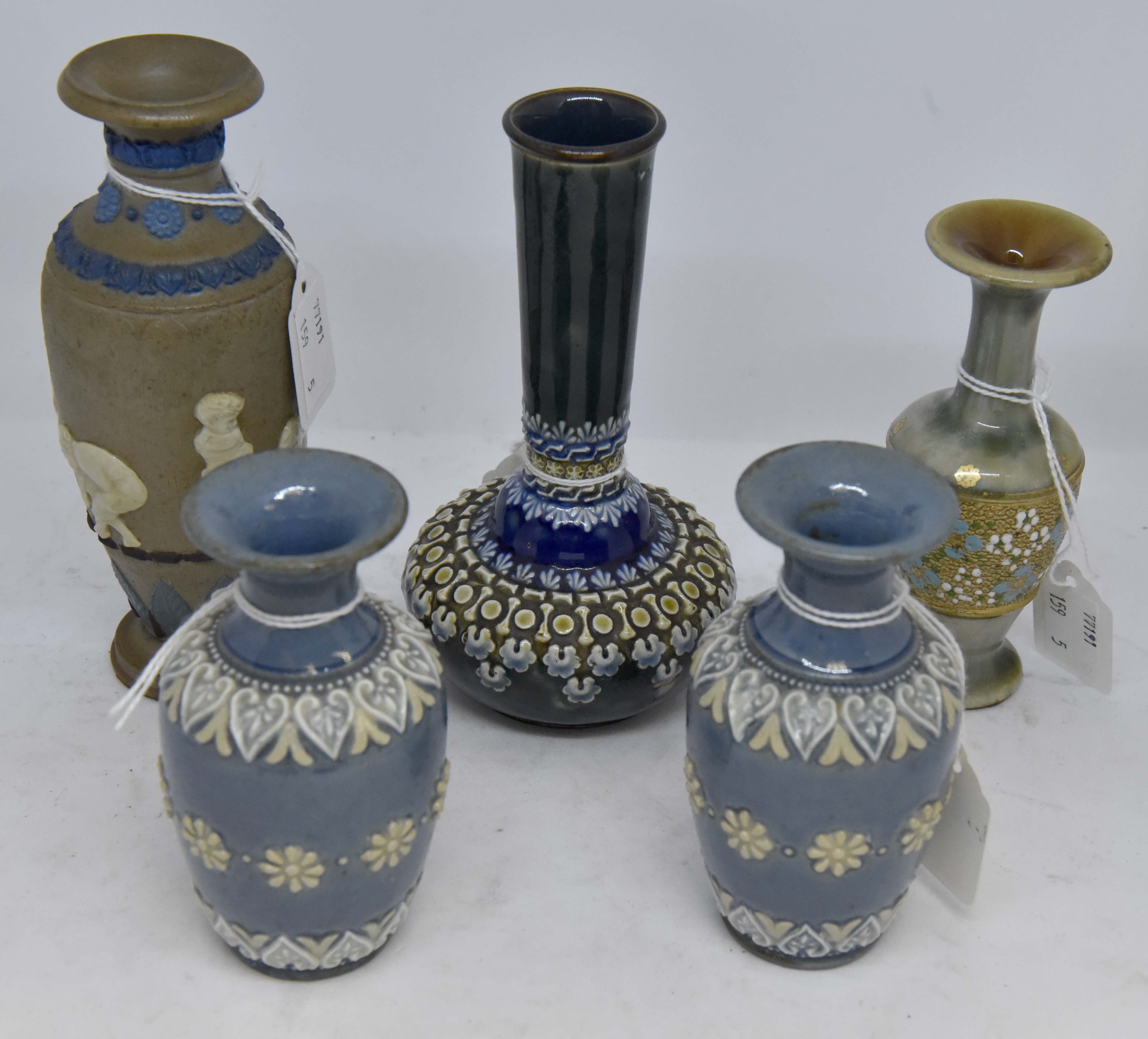 Doulton Lambeth; a pair of miniature blue ground vases, mottled green vase, silicon ware vase,