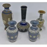 Doulton Lambeth; a pair of miniature blue ground vases, mottled green vase, silicon ware vase,