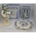 Royal Doulton The Snowman collection to include; money bank, Motor Bike Ride 8" plate, plate,