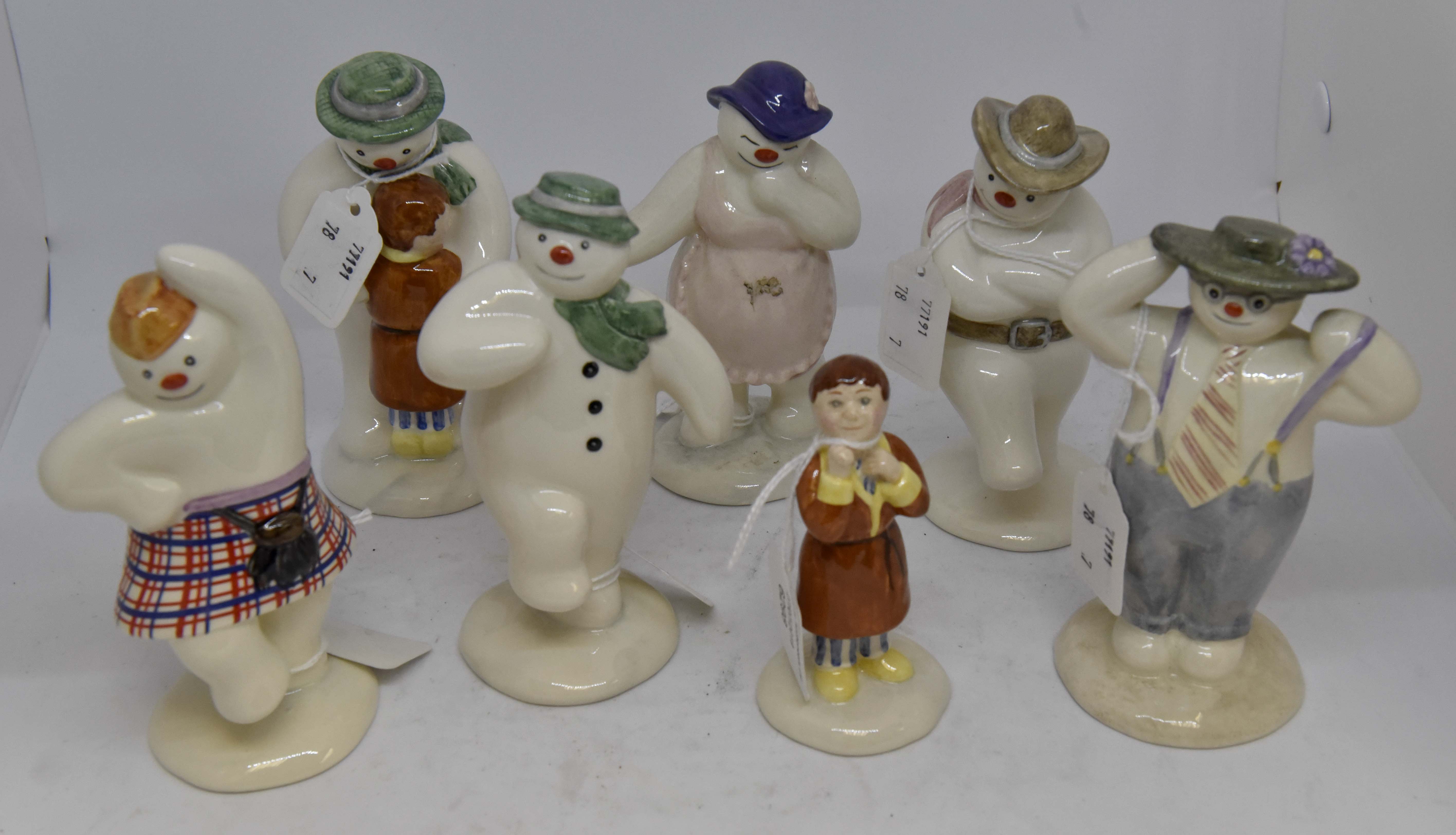 Royal Doulton The Snowman figurines; The Snowman, Lady, Cowboy Snowman, Stylish Snowman,