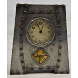 Arts and Crafts pewter mantle clock with copper and pewter design,