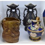 Assorted ceramics including Brown Stone ware character jug, blue ground jug decorated with shells,