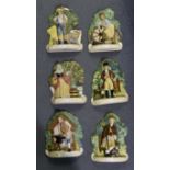 Group of six Masons Ironstone wall plaques, depicting a huntsman, blacksmith,