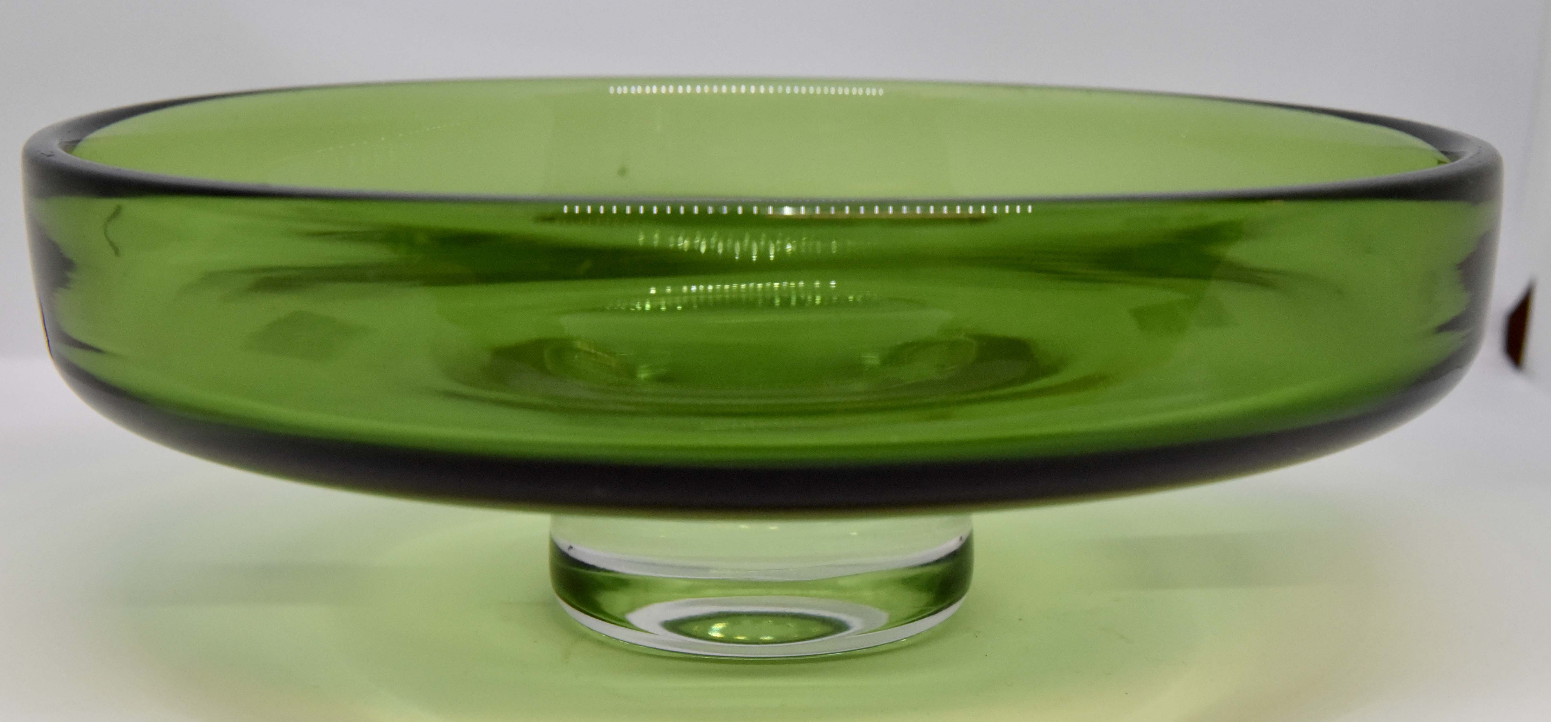 Whitefriars footed green glass bowl, 245 mm diameter by 86 mm high approx, pattern number 9662,