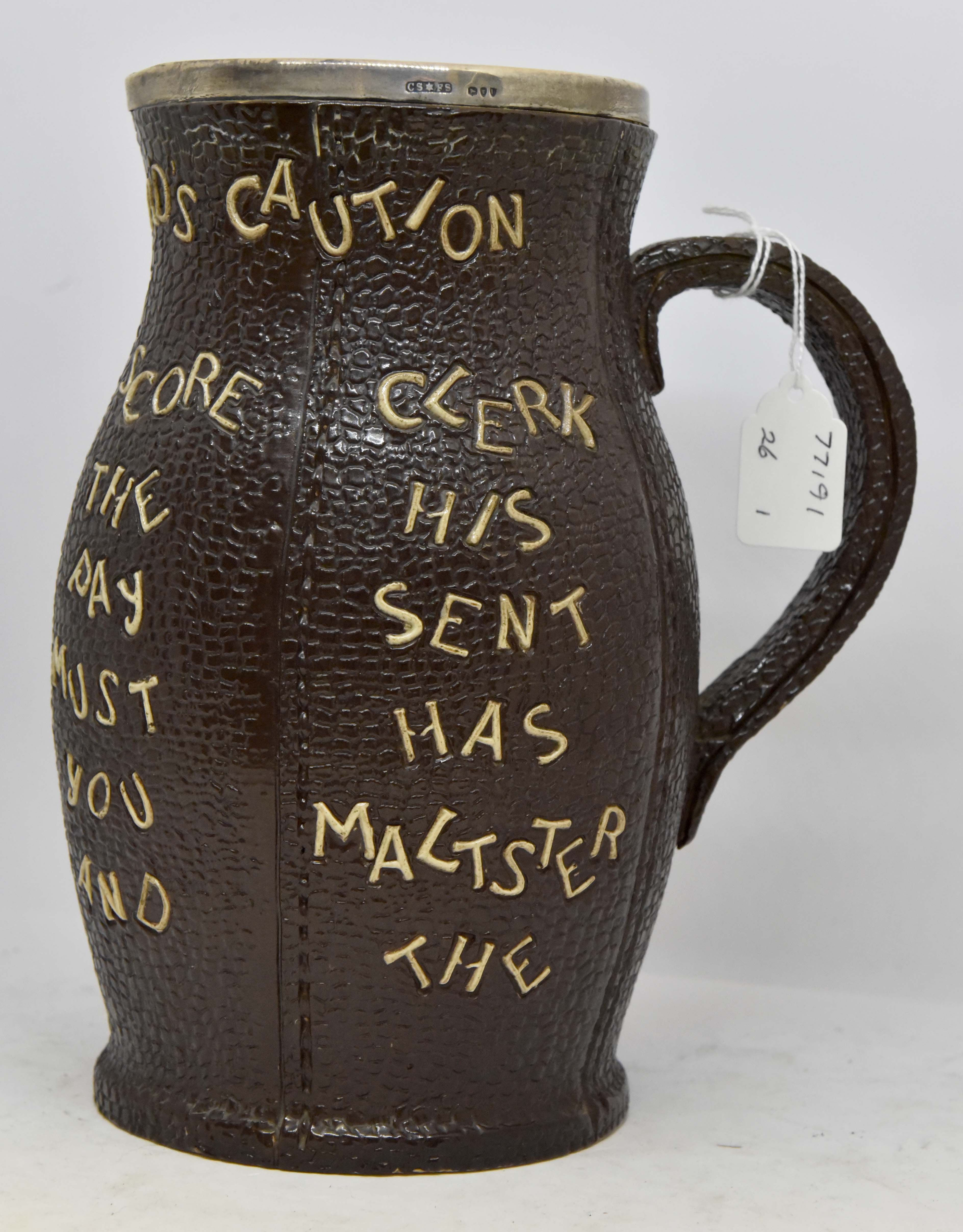 Doulton Lambeth, Doulton & Slaters patent stoneware jug with silver rim, - Image 3 of 3