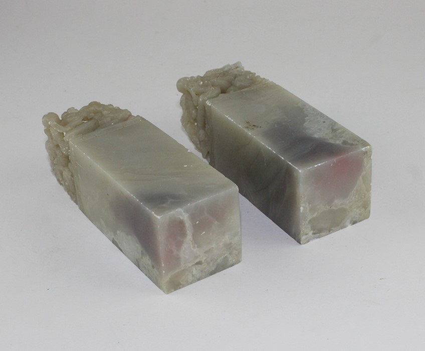 Two Chinese soapstone seals, of square form, the tops pierced and carved with scaled dragon, - Image 3 of 3