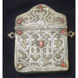 A 19th century North African mixed metal and red coral set Quran box, probably Moroccan, fashioned