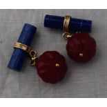 A pair of yellow metal, lapis lazuli and ruby cuff links, each having near spherical ruby to one