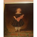 19th century English Naive School, full length portrait of a young girl holding a doll, oil on