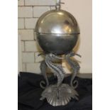 An Italian white metal centrepiece, having bowl and cover fashioned as a sphere with coral finial (