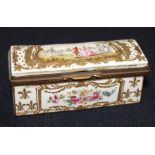 A 19th century continental porcelain trinket box, the lid panel hand painted with figures