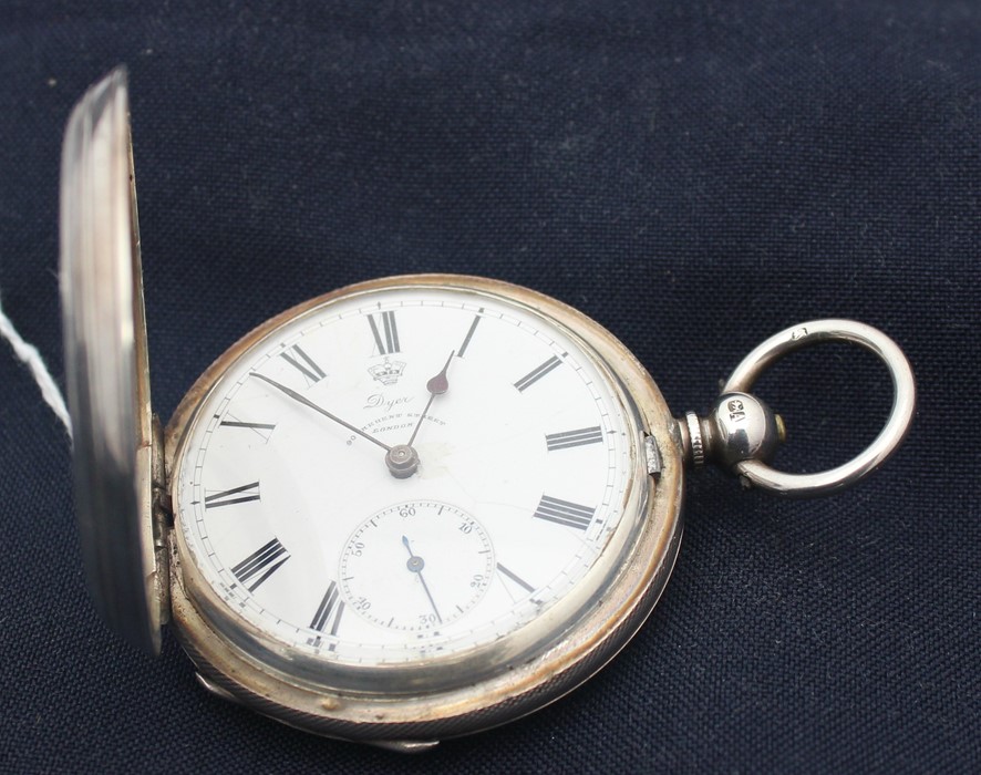 A Victorian Dyer (London) silver hunter pocket watch, key wind, having signed white enamel Roman