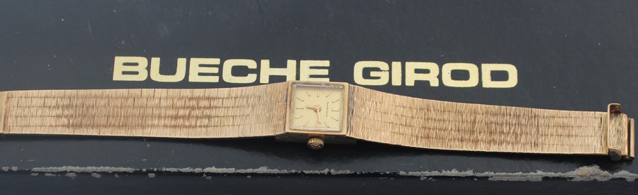 A Bueche-Girod 9ct. gold ladies' bracelet watch, manual movement, having signed square gold dial