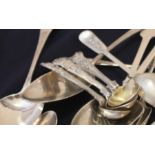 A quantity of silver flatware, to include; a pair of large Victorian silver Kings pattern salt