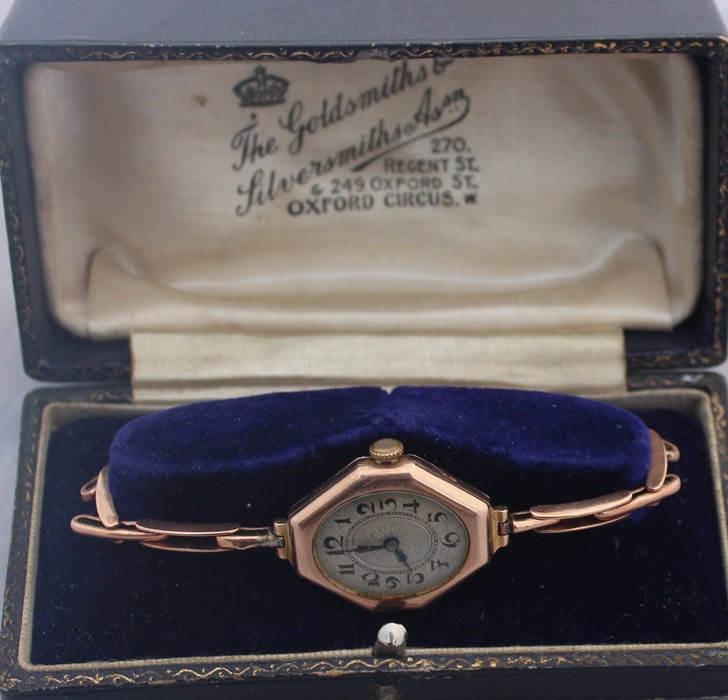 A 9ct. rose gold ladies' bracelet watch, c.1920's, manual movement, having oval Arabic numeral